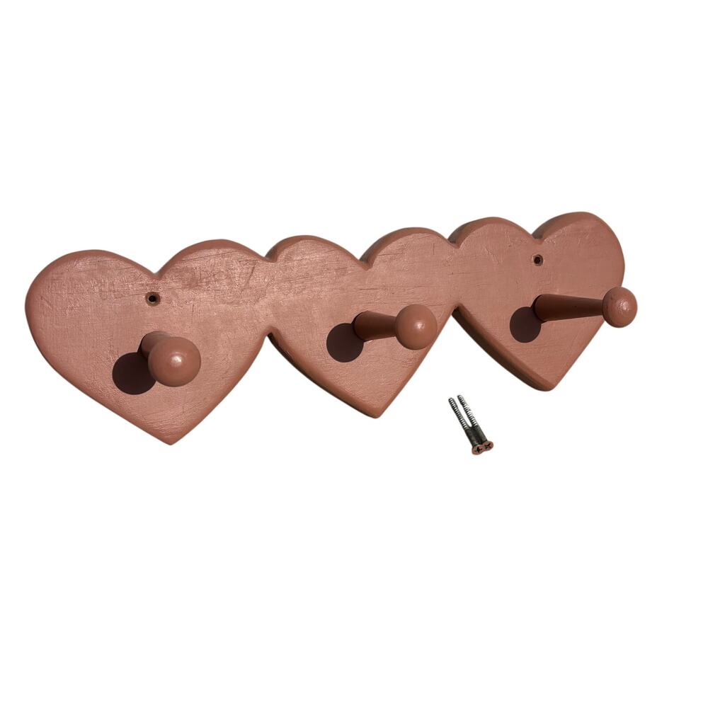 Vtg Triple Heart Wood Peg Hook Coat Hat Rail Rack Wall Mount Grannycore